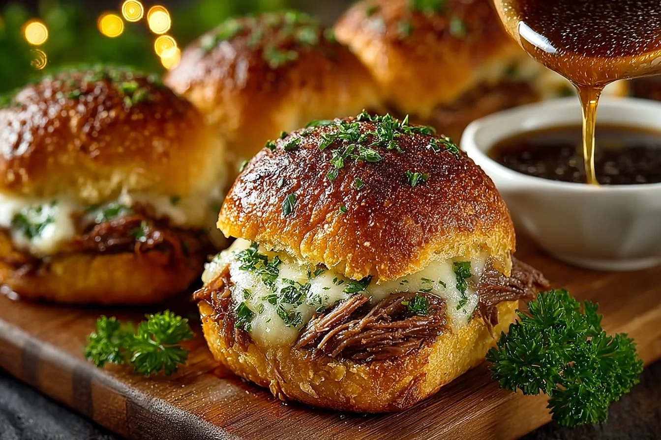 French Dip Sliders served with au jus for dipping