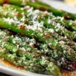 Oven-roasted Garlic Parmesan Asparagus spears garnished with cheese and herbs