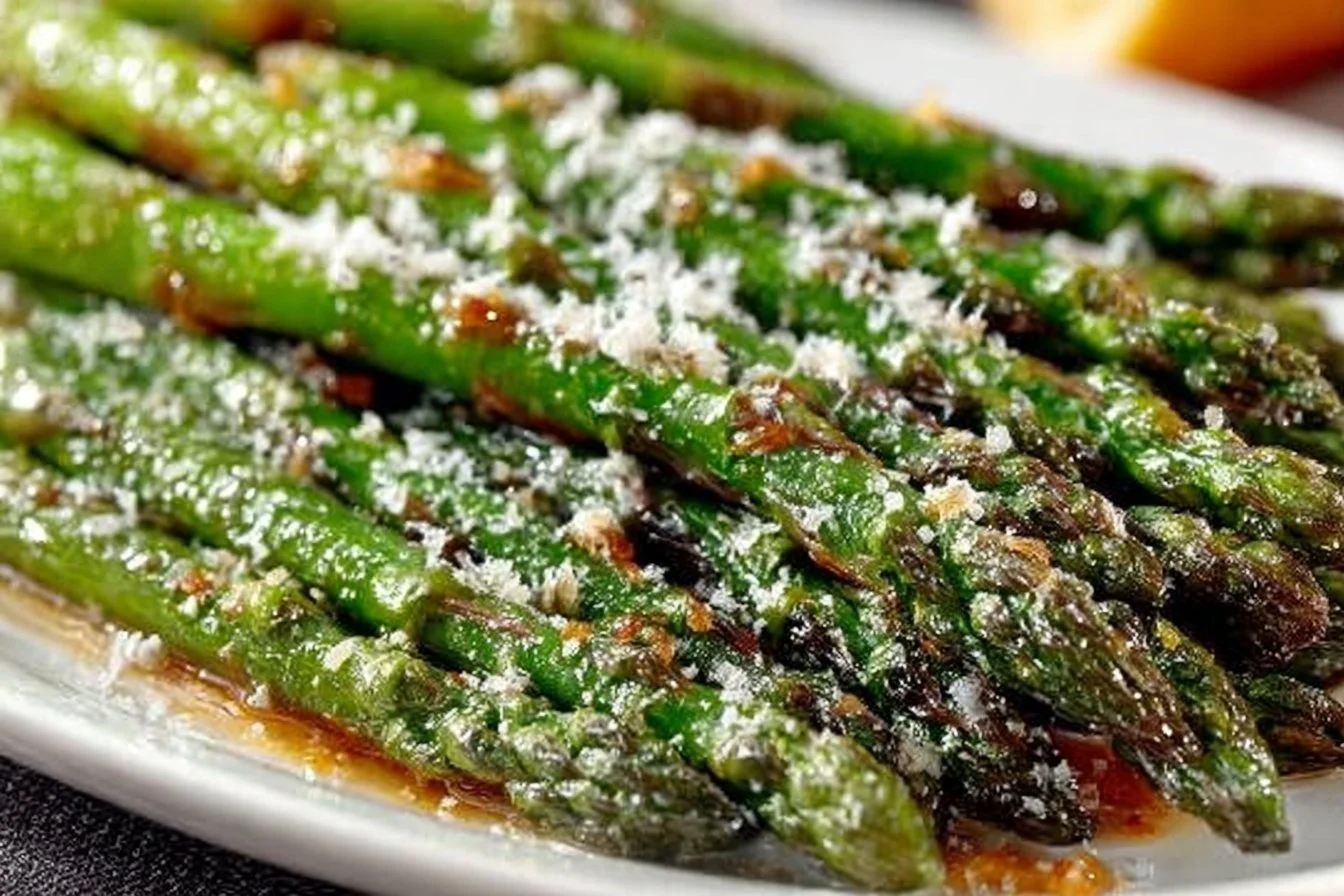 Oven-roasted Garlic Parmesan Asparagus spears garnished with cheese and herbs