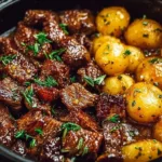 Garlic butter beef bites with potatoes served on a plate