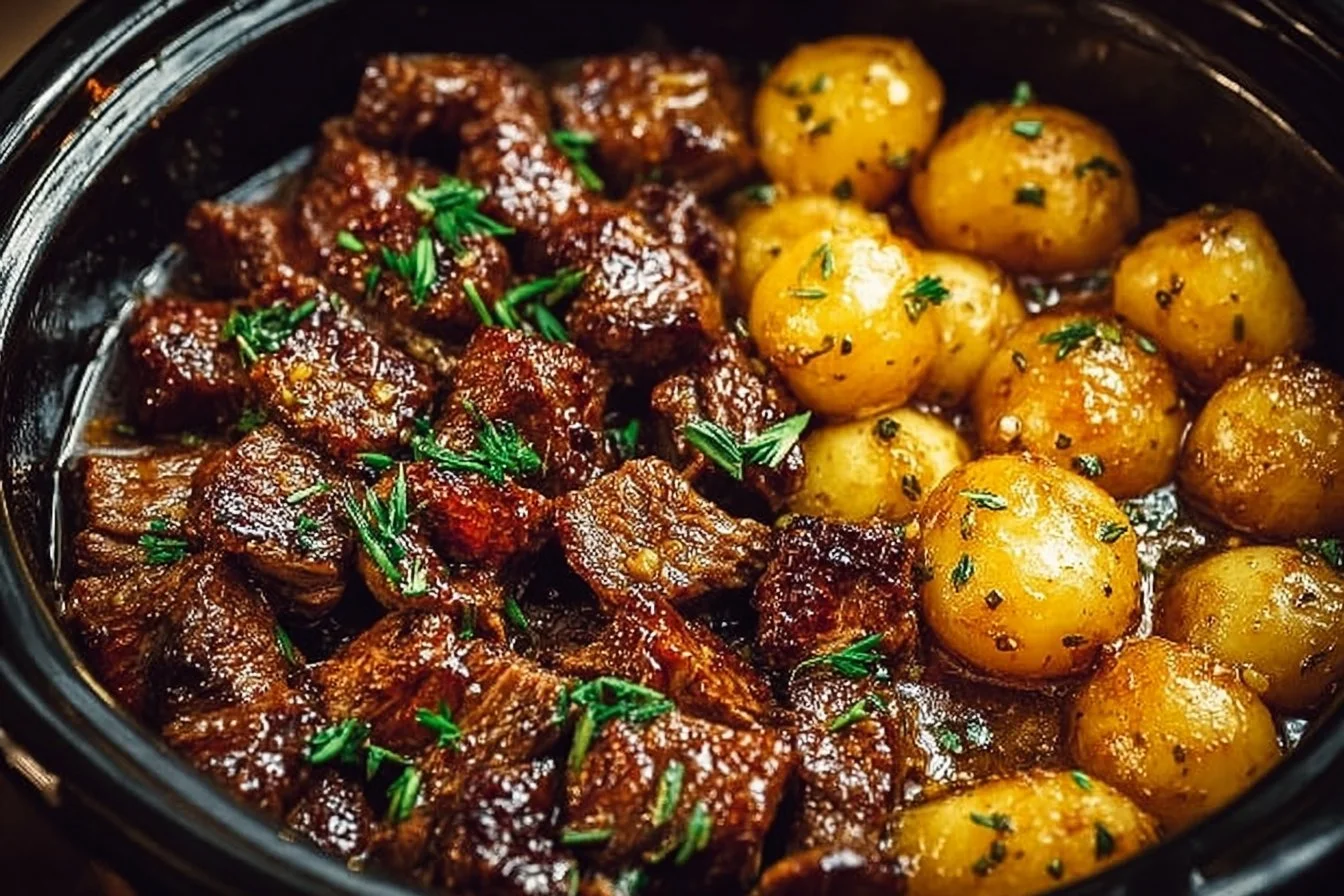 Garlic butter beef bites with potatoes served on a plate