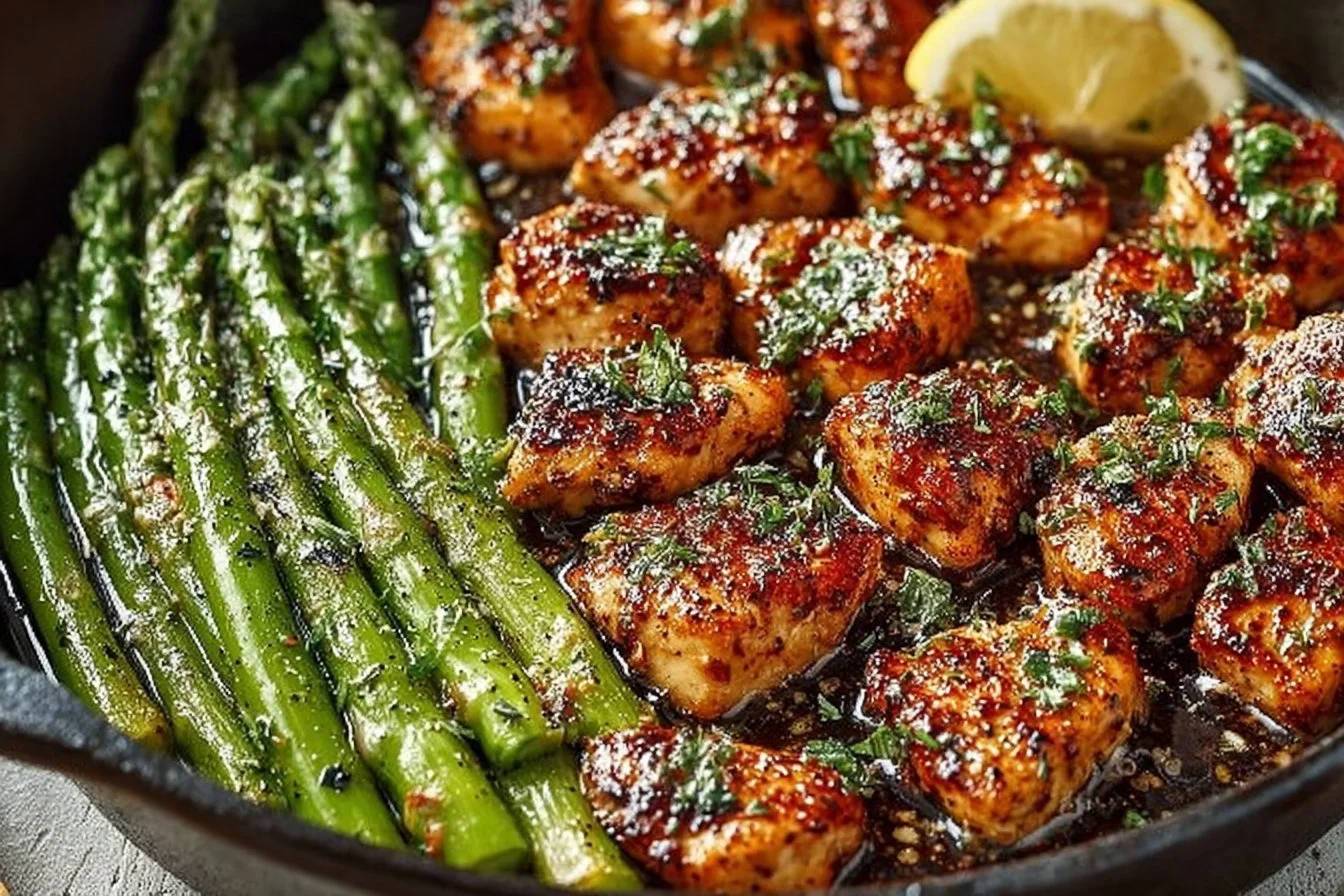 Garlic Butter Chicken Bites with Lemon Asparagus served on a plate