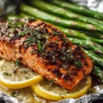 Garlic Herb Butter Salmon and asparagus foil pack ready for baking.
