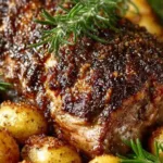 Garlic Roasted Leg of Lamb served on a platter with herbs and garlic