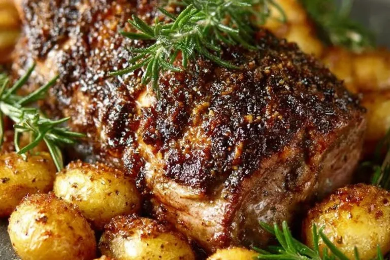 Garlic Roasted Leg of Lamb served on a platter with herbs and garlic