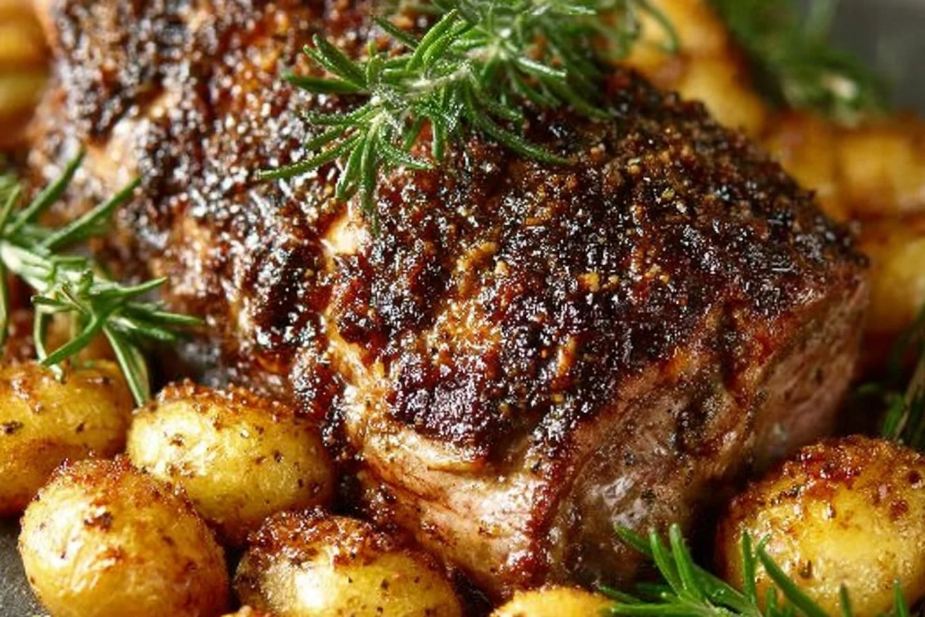 Garlic Roasted Leg of Lamb served on a platter with herbs and garlic