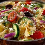 Colorful Greek pasta salad with feta, olives, and fresh vegetables