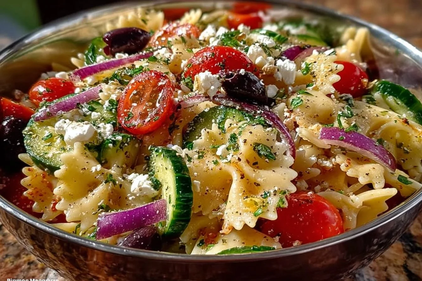 Colorful Greek pasta salad with feta, olives, and fresh vegetables