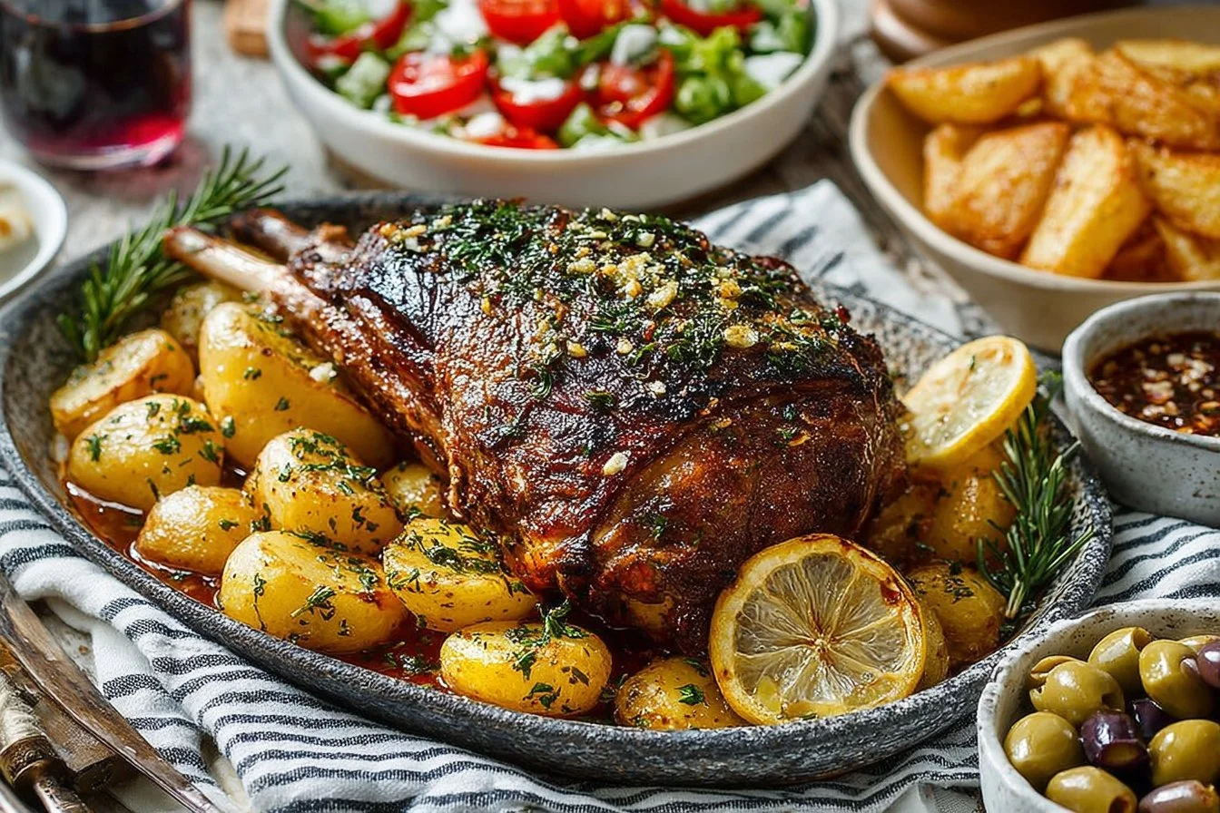 Greek Style Roasted Lamb garnished with herbs and served on a platter.