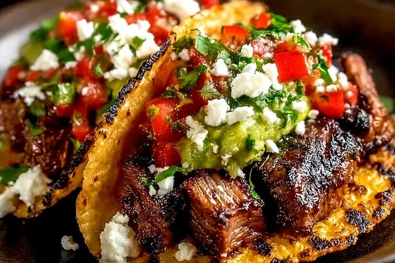 Delicious grilled beef street tacos served with fresh toppings