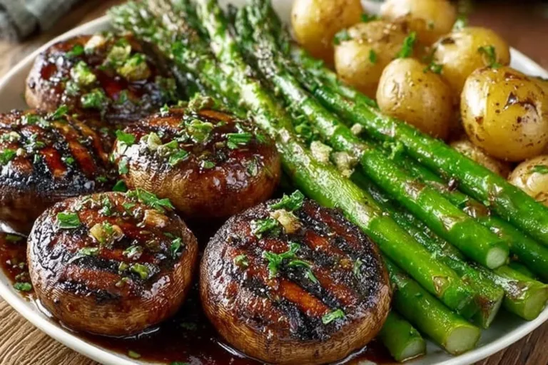 Grilled Portobello mushroom steaks served on a plate with herbs and seasoning.