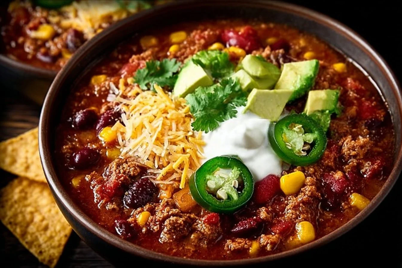 Bowl of healthy turkey chili topped with fresh herbs and spices