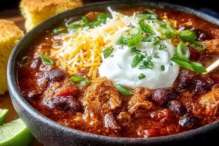 Bowl of healthy turkey chili topped with fresh herbs and spices