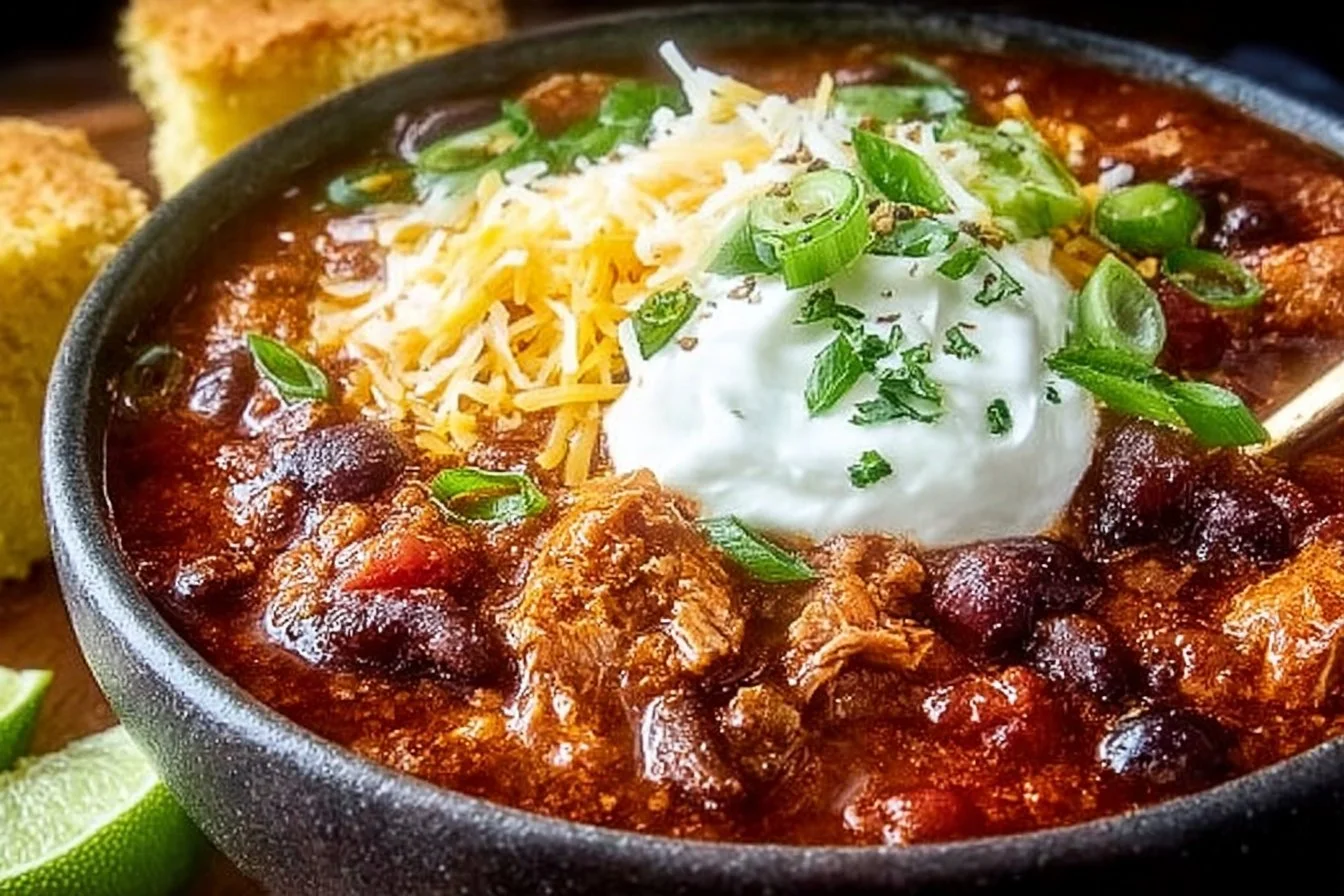 Bowl of healthy turkey chili topped with fresh herbs and spices