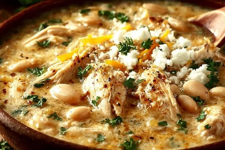 Bowl of healthy white chicken chili topped with fresh herbs and spices