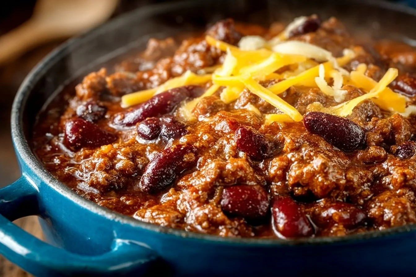 A bowl of hearty chili garnished with fresh herbs and served with cornbread