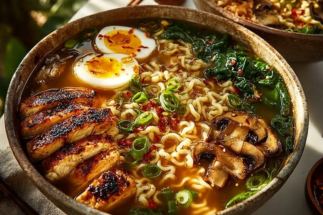 Bowl of homemade ramen with fresh ingredients and savory broth