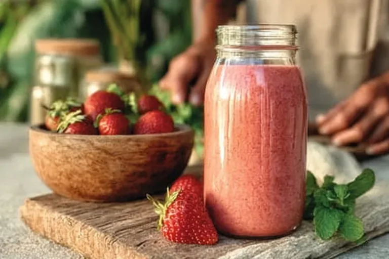 Homemade strawberry salad dressing made with fresh strawberries and ingredients.