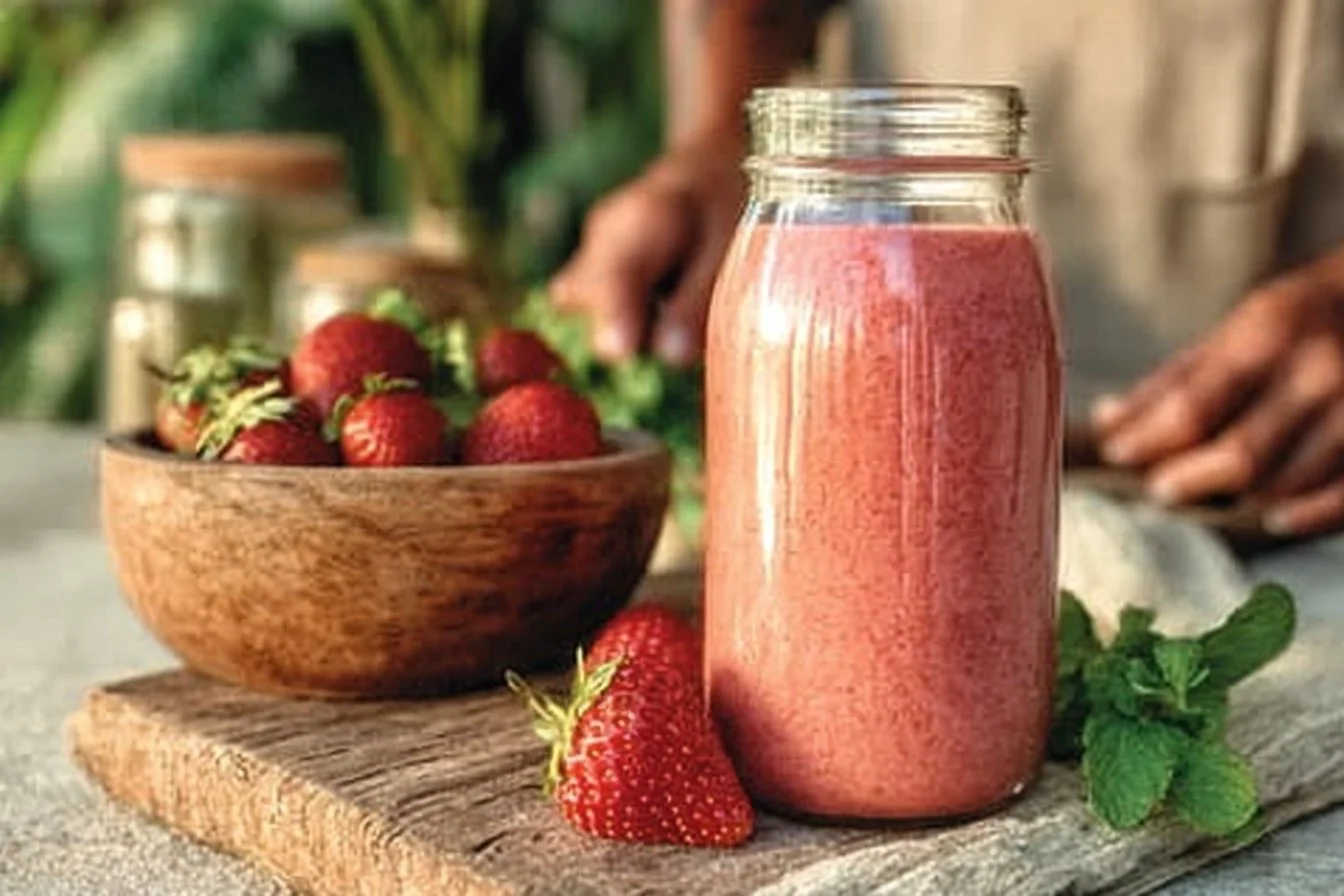 Homemade strawberry salad dressing made with fresh strawberries and ingredients.