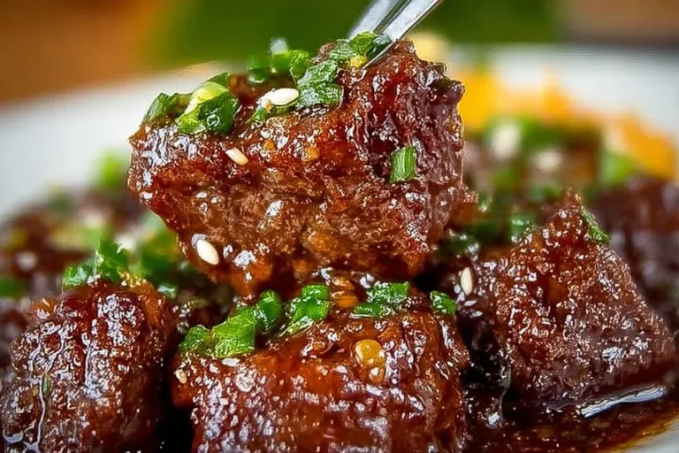 Delicious honey garlic steak bites drizzled with sauce and garnished with green onions.
