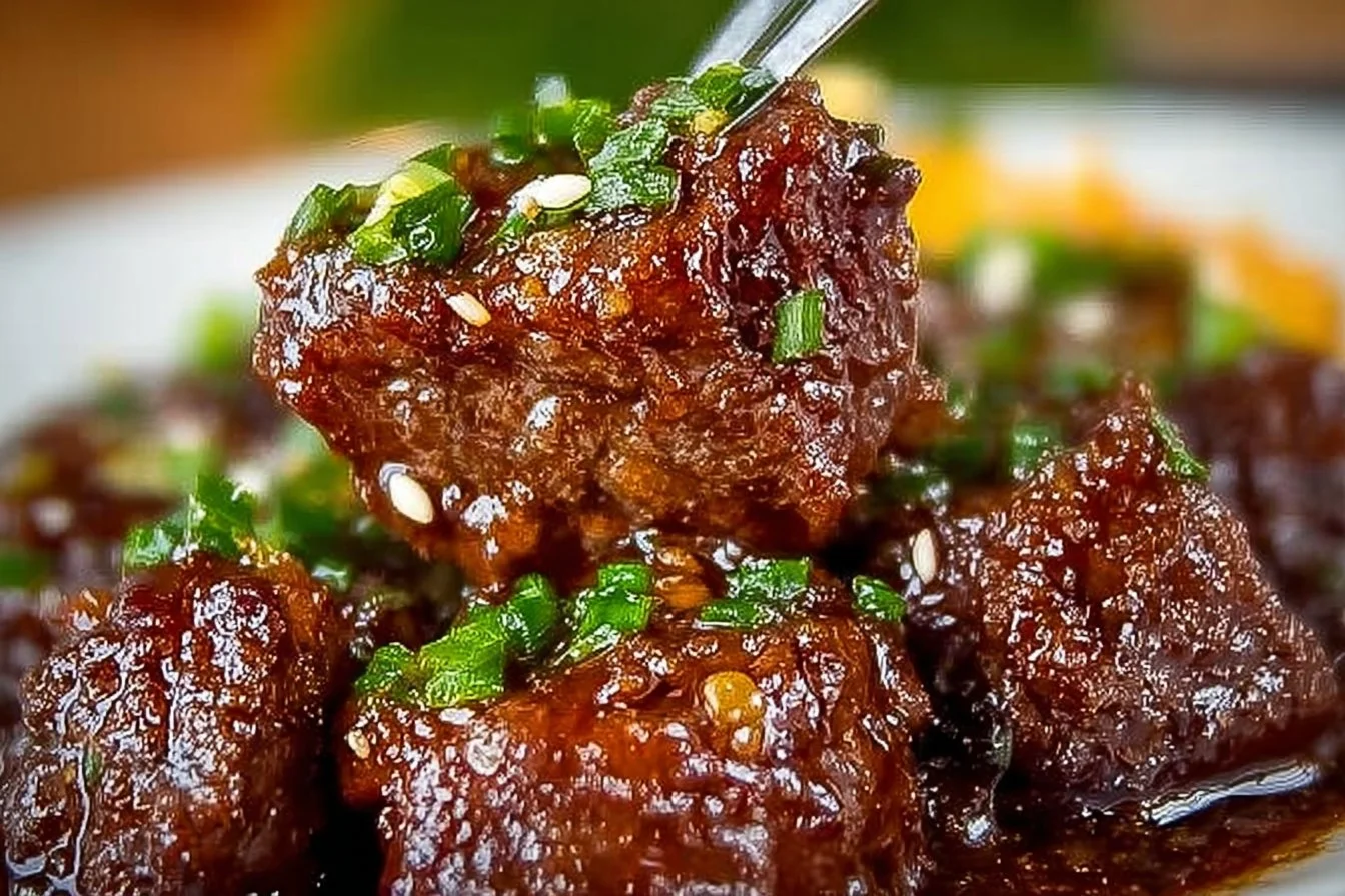 Delicious honey garlic steak bites drizzled with sauce and garnished with green onions.