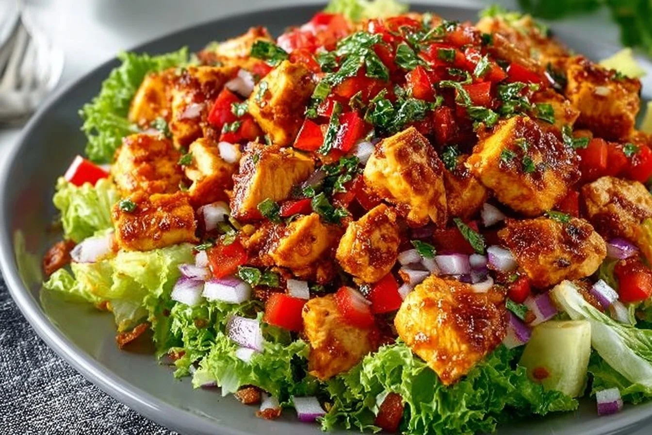 Delicious honey hot chicken salad served in a vibrant bowl