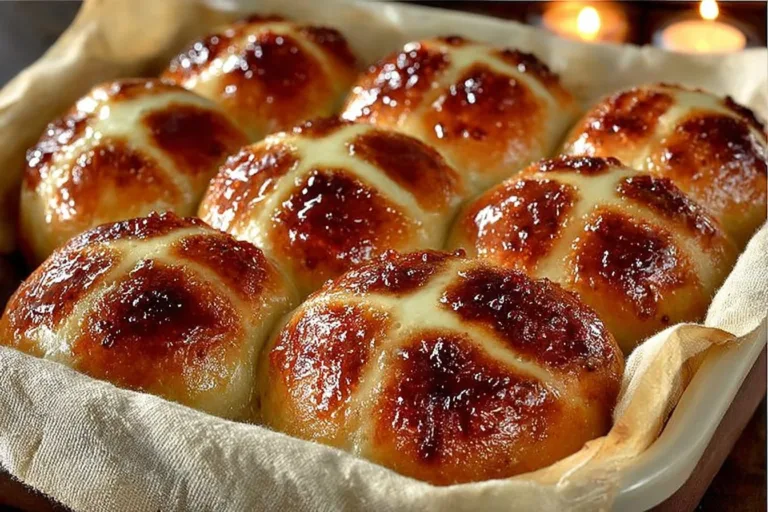 Freshly baked hot cross buns with spices and currants on a wooden surface.