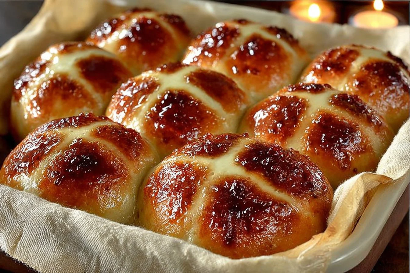Freshly baked hot cross buns with spices and currants on a wooden surface.