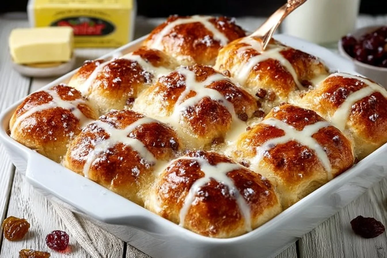 Freshly baked Hot Cross Buns with spices and currants on a cooling rack