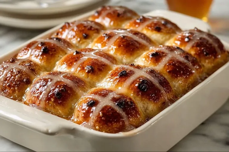 Freshly baked Hot Cross Buns with spices and fruit on a wooden table