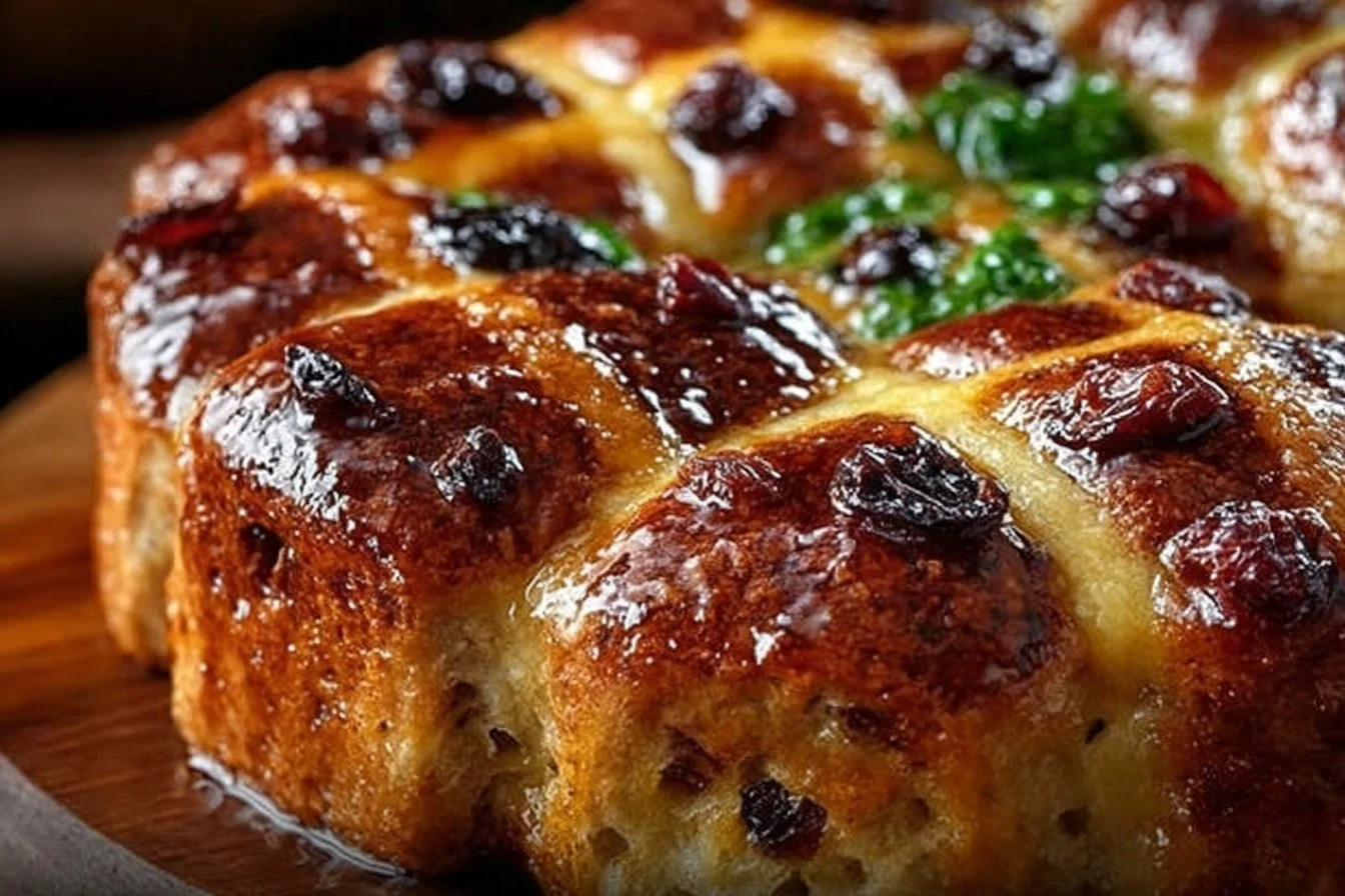 Freshly baked Hot Cross Buns with spices and currants on a wooden table.
