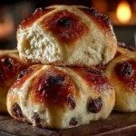 Freshly baked Hot Cross Buns with traditional spices and cross markings.