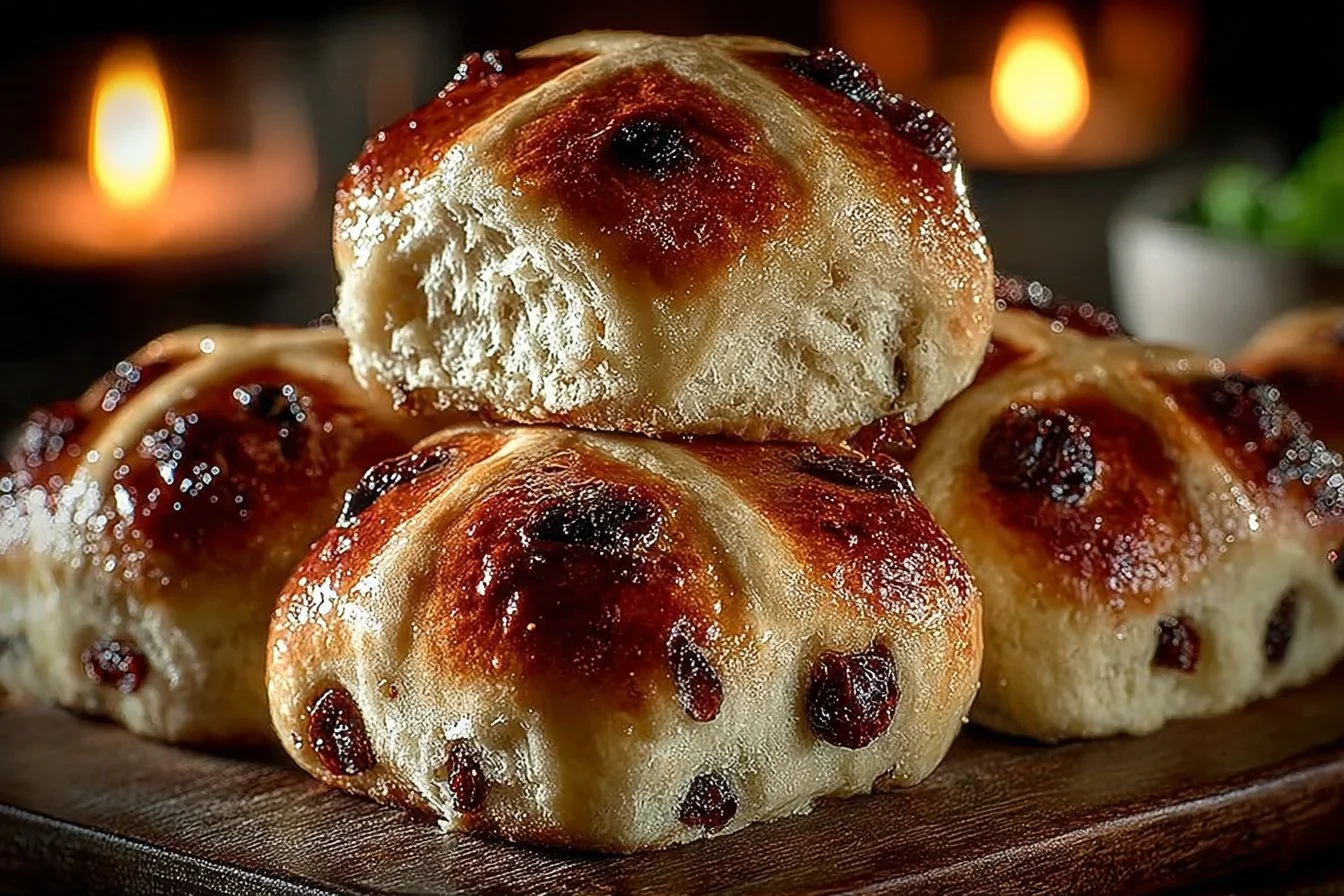 Freshly baked Hot Cross Buns with traditional spices and cross markings.