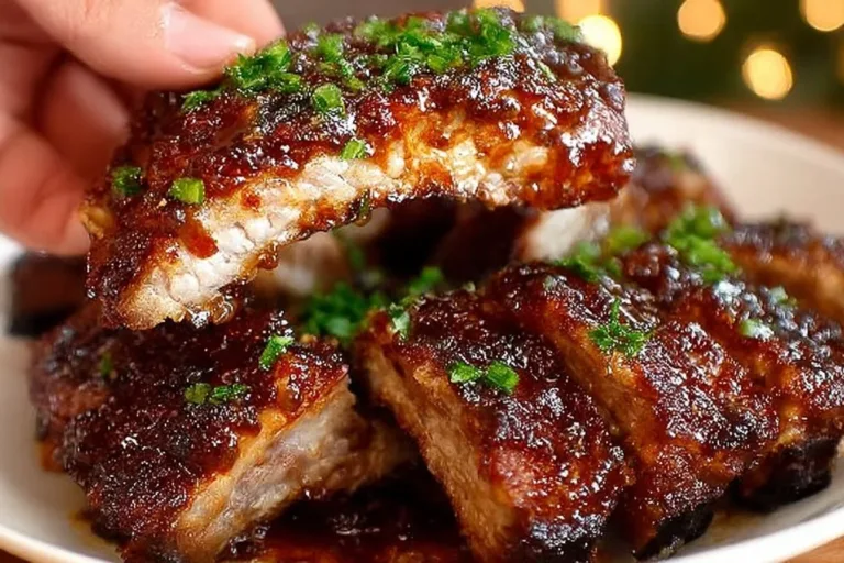 Delicious Instant Pot ribs served on a plate with sauce and garnished with herbs