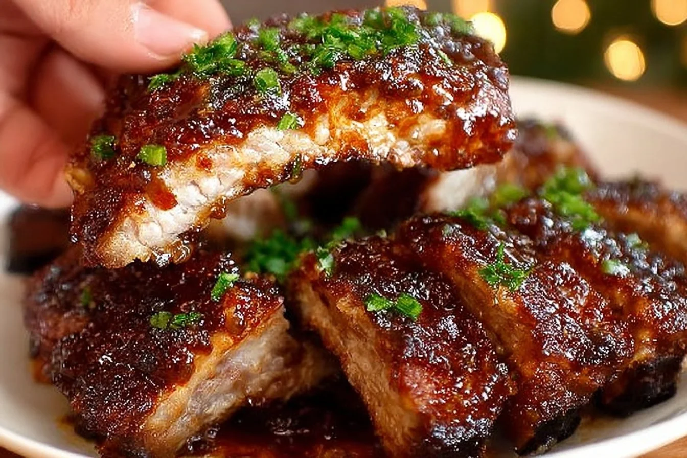 Delicious Instant Pot ribs served on a plate with sauce and garnished with herbs