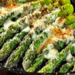 Plate of Italian roasted asparagus garnished with herbs and spices