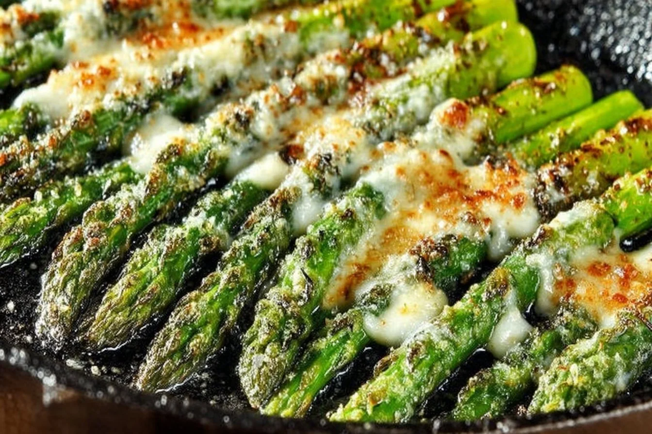 Plate of Italian roasted asparagus garnished with herbs and spices