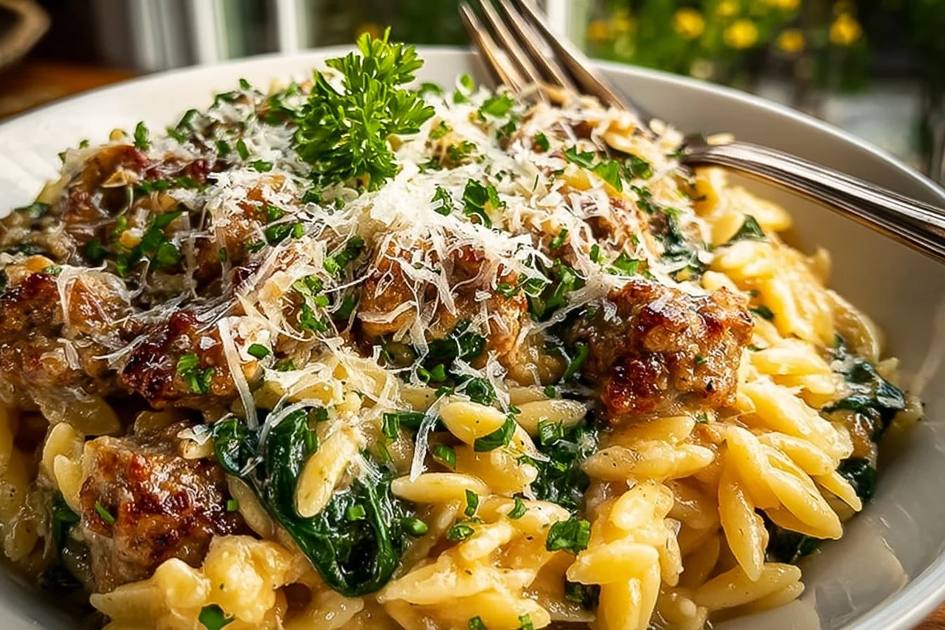 A savory bowl of Italian Sausage Orzo garnished with herbs and cheese.