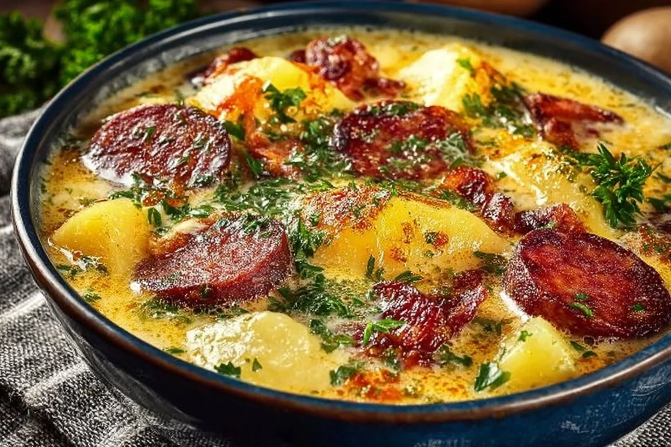 Bowl of Kielbasa Potato Soup with fresh herbs and diced potatoes