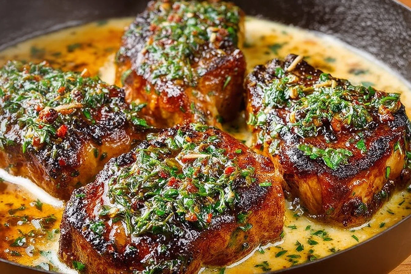 Lamb chops cooked to perfection with a mustard-thyme sauce