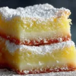 Delicious homemade lemon bars topped with powdered sugar on a wooden table