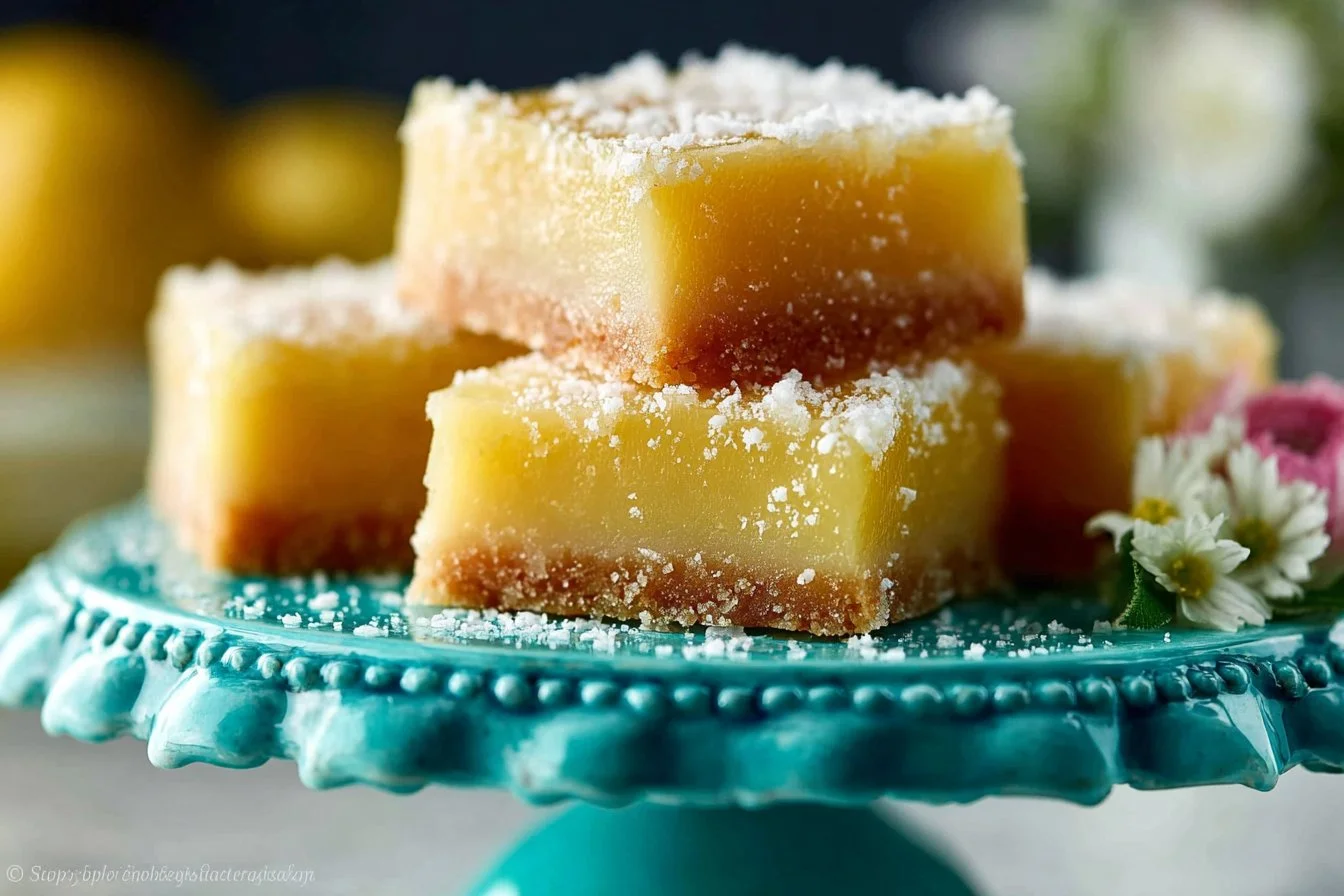 Delicious lemon bars with a buttery shortbread crust served on a plate.