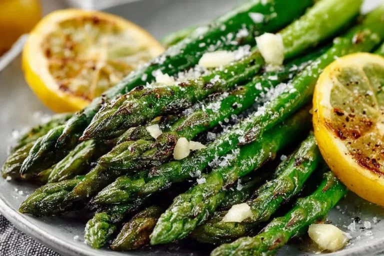 Plate of lemon garlic asparagus garnished with lemon wedges and herbs