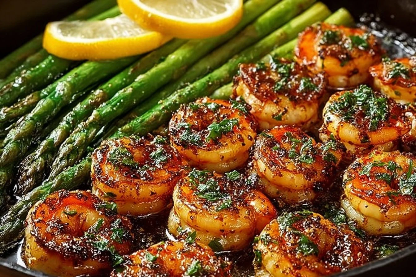 Lemon garlic shrimp and asparagus dish served on a plate