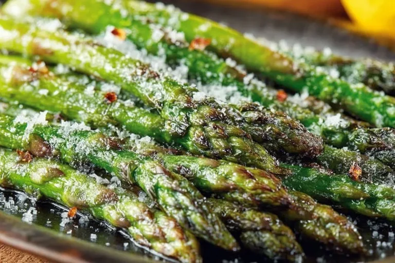 Oven-roasted Lemon Parmesan Asparagus garnished with fresh lemon zest and cheese.