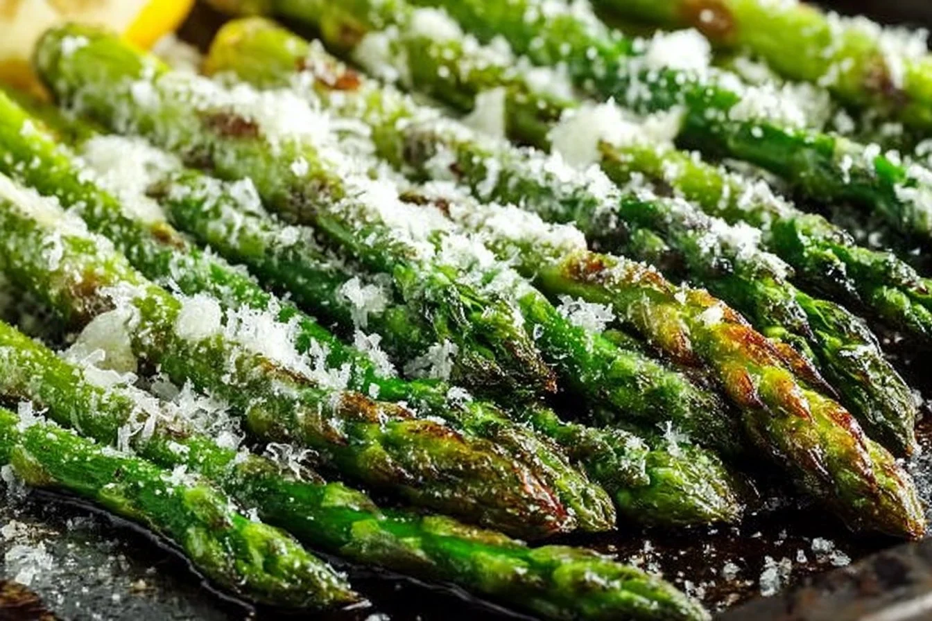 Lemon parmesan baked asparagus served on a white plate