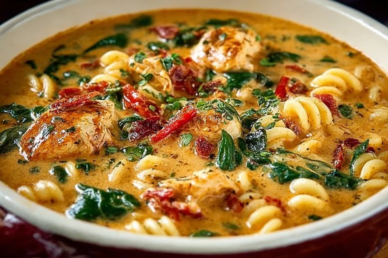 Delicious Marry Me Tuscan Chicken Soup in a rustic bowl