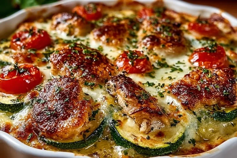 Mediterranean Chicken Zucchini Bake with fresh vegetables and herbs