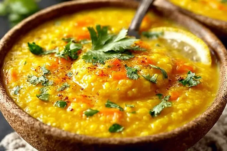Bowl of flavorful Middle Eastern lentil soup garnished with herbs and spices.
