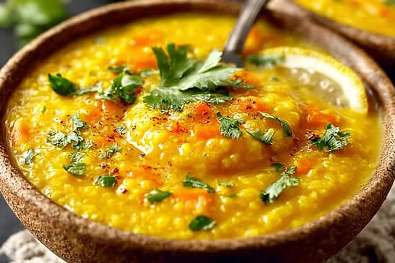 Bowl of flavorful Middle Eastern lentil soup garnished with herbs and spices.